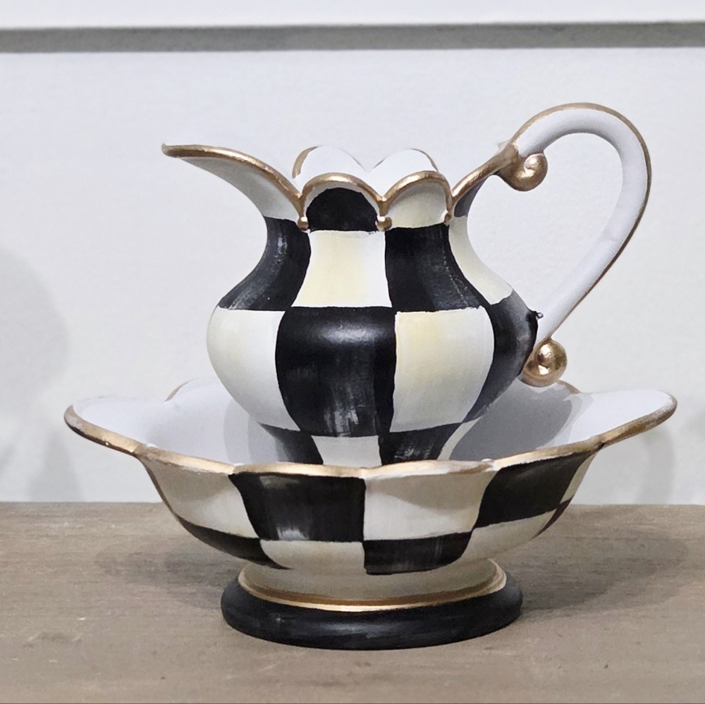 Elegant! Hand-Painted Checkered Pitcher and Bowl Set!